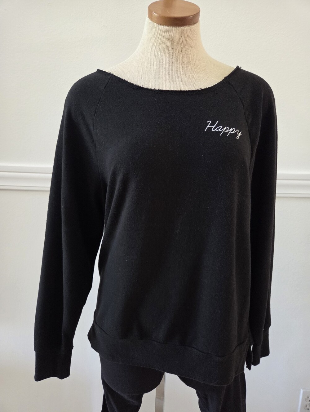 Pink Victoria's Secret Black Sweater with 'Happy' Embroidery